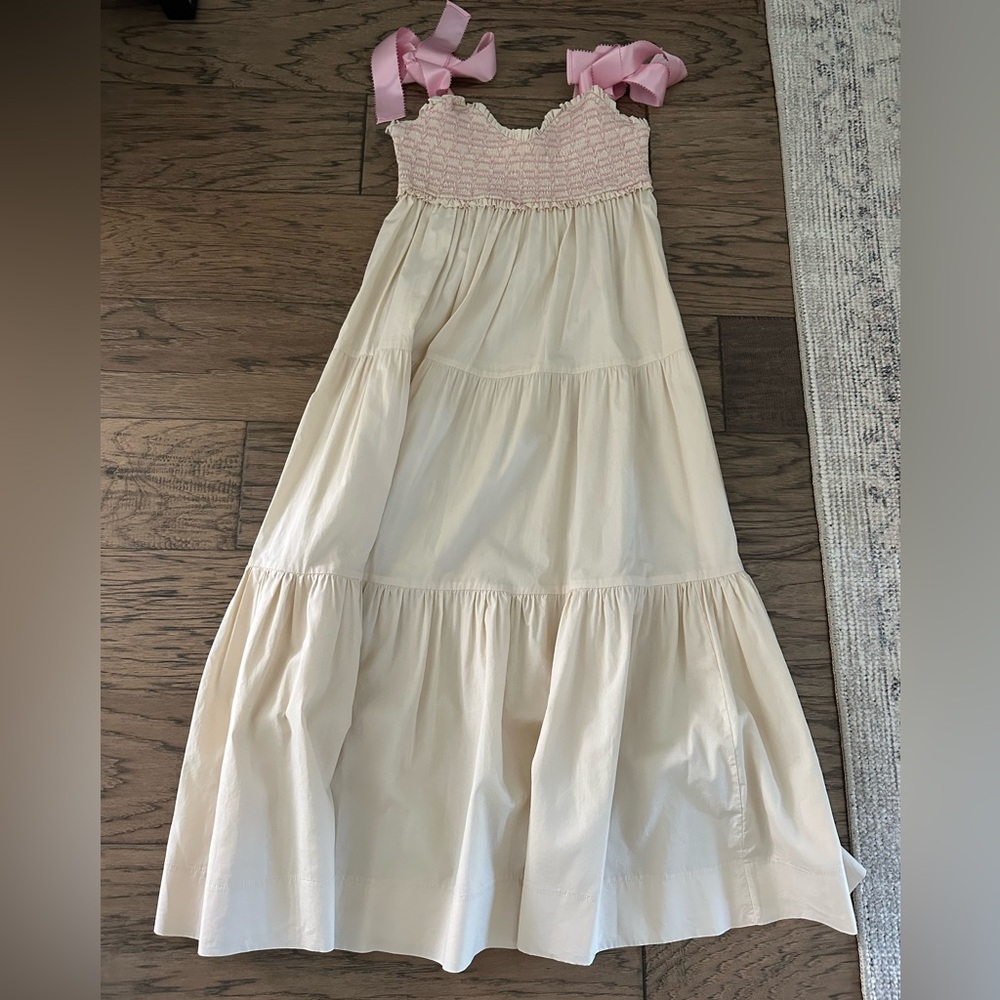 Smocked Bodice Maxi Dress with Pink Ribbon Straps